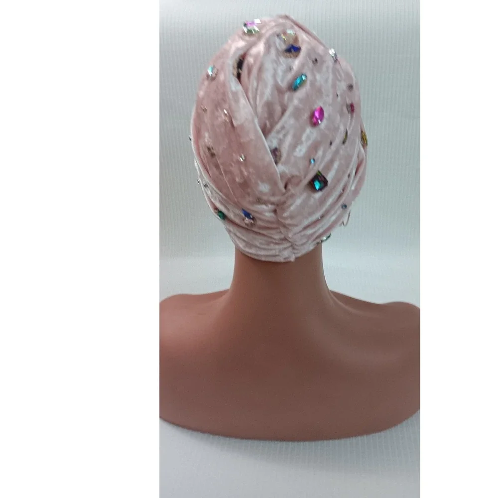 Pink‎ Velvet Rhinestone Turban Head Covering Stretch Velvet Jeweled Hijab Cap